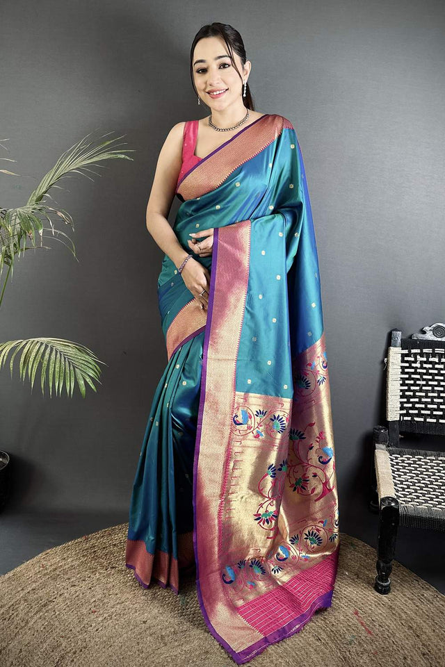 Turquoise Paithani Peacock Woven Silk Saree (ND601)