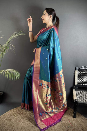 Turquoise Paithani Peacock Woven Silk Saree (ND601)