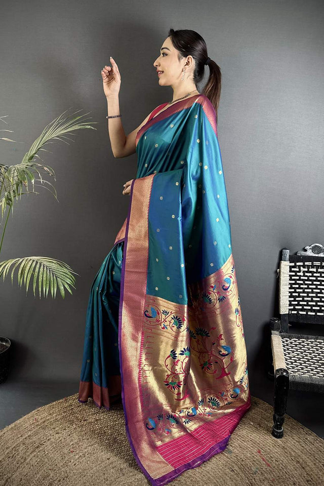 Turquoise Paithani Peacock Woven Silk Saree (ND601)