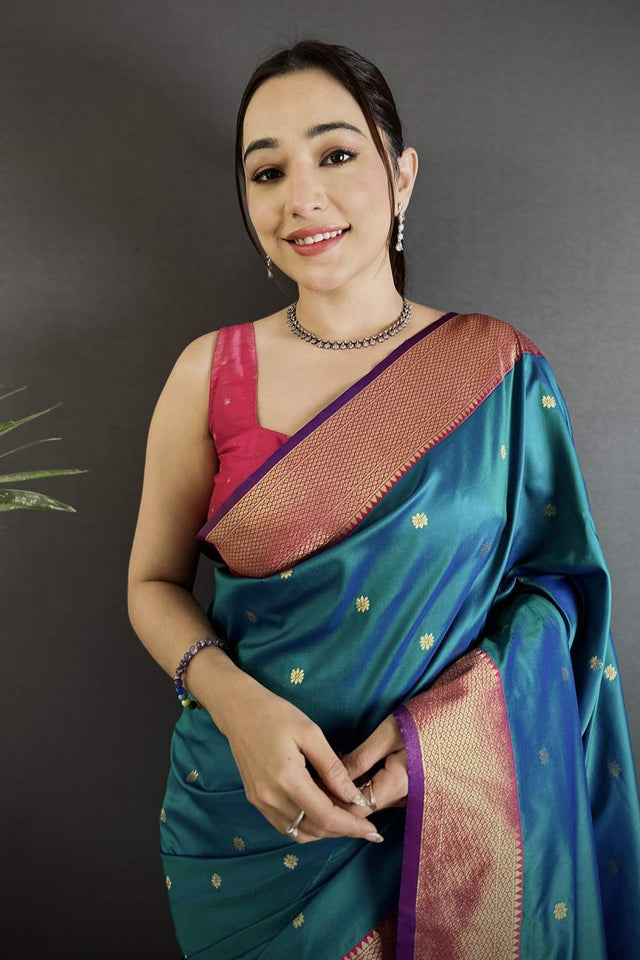 Turquoise Paithani Peacock Woven Silk Saree (ND601)