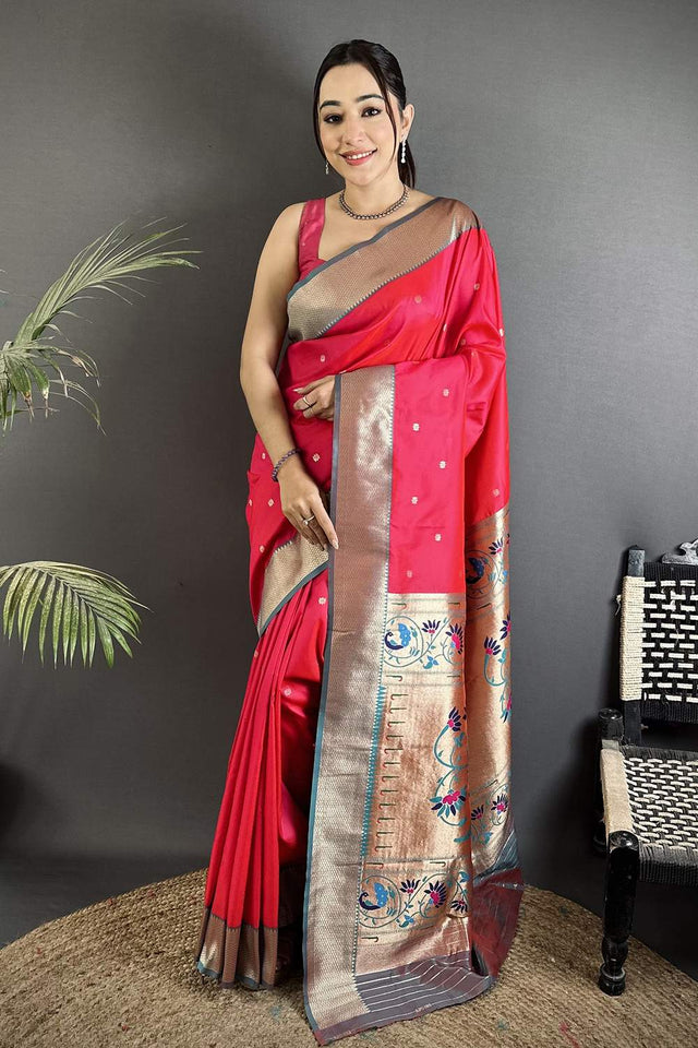 Dark Pink Paithani Peacock Woven Silk Saree (ND602)