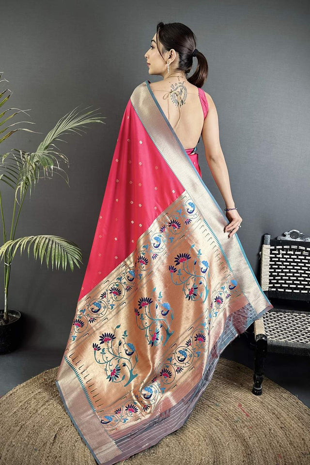 Dark Pink Paithani Peacock Woven Silk Saree (ND602)