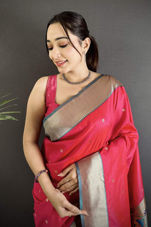 Dark Pink Paithani Peacock Woven Silk Saree (ND602)
