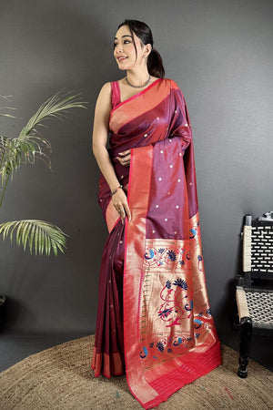 Wine Paithani Peacock Woven Silk Saree (ND603)