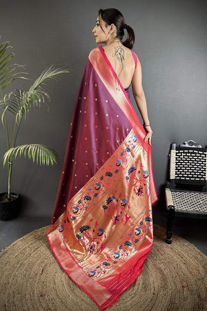 Wine Paithani Peacock Woven Silk Saree (ND603)