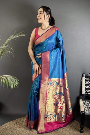 Blue Paithani Peacock Woven Silk Saree (ND604)