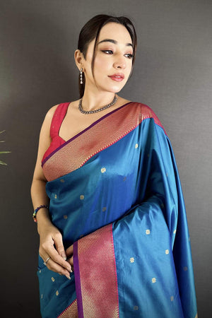 Blue Paithani Peacock Woven Silk Saree (ND604)