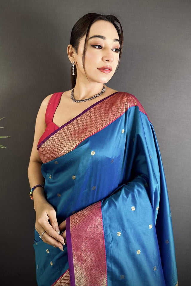 Blue Paithani Peacock Woven Silk Saree (ND604)