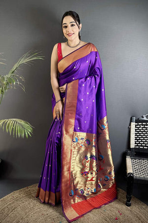 Purple Paithani Peacock Woven Silk Saree (ND605)