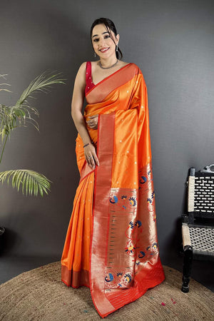Orange Paithani Peacock Woven Silk Saree (ND606)