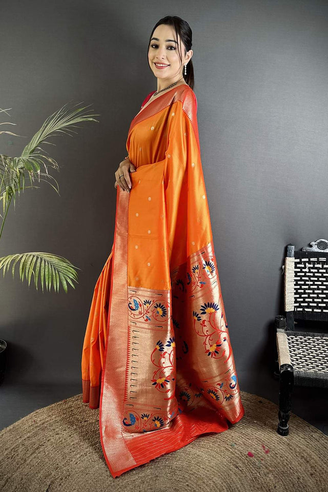 Orange Paithani Peacock Woven Silk Saree (ND606)