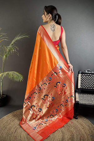 Orange Paithani Peacock Woven Silk Saree (ND606)