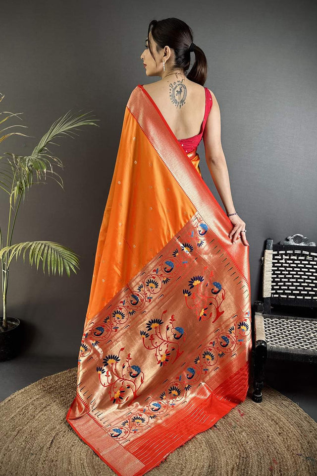 Orange Paithani Peacock Woven Silk Saree (ND606)