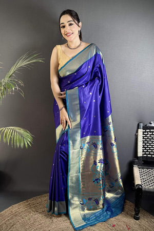 Royal Blue Paithani Peacock Woven Silk Saree (ND607)