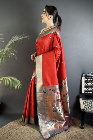 Red Paithani Peacock Woven Silk Saree (ND608)