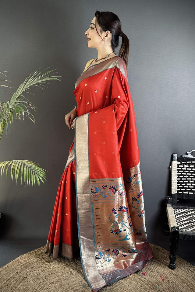 Red Paithani Peacock Woven Silk Saree (ND608)