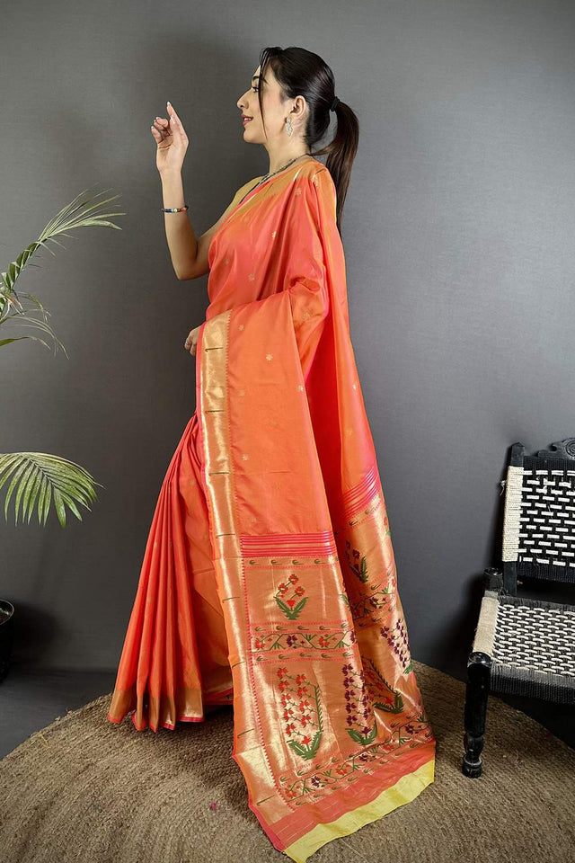 Orange Paithani Floral Woven Silk Saree (ND702)