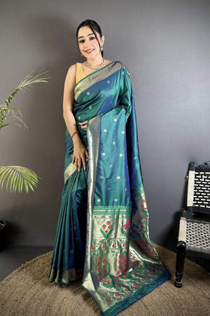 Turquoise Paithani Floral Woven Silk Saree (ND708)