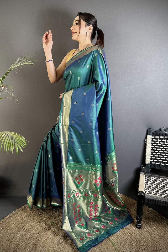 Turquoise Paithani Floral Woven Silk Saree (ND708)