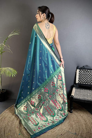 Turquoise Paithani Floral Woven Silk Saree (ND708)