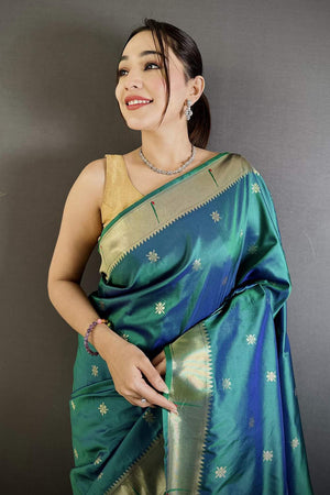 Turquoise Paithani Floral Woven Silk Saree (ND708)
