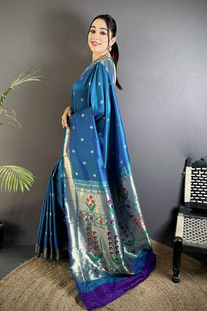 Blue Paithani Floral Woven Silk Saree (ND709)