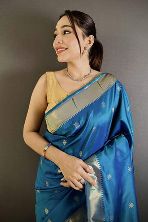 Blue Paithani Floral Woven Silk Saree (ND709)