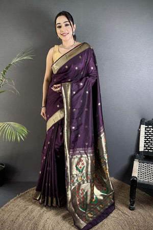 Wine Paithani Floral Woven Silk Saree (ND710)