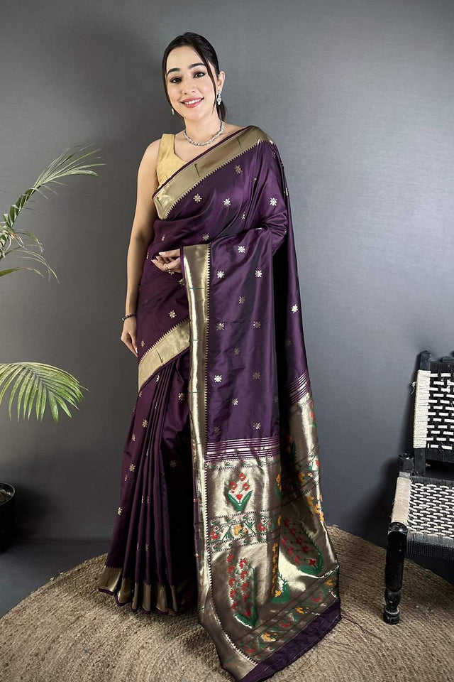 Wine Paithani Floral Woven Silk Saree (ND710)