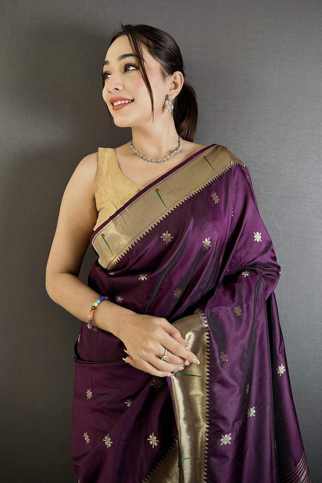 Wine Paithani Floral Woven Silk Saree (ND710)