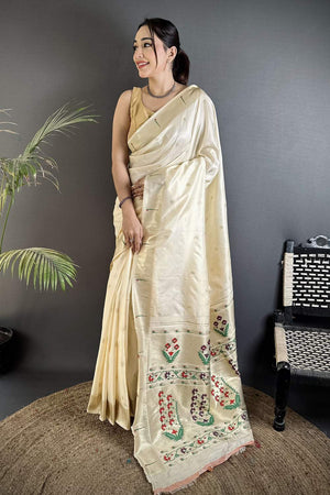 Cream Paithani Floral Woven Silk Saree (ND711)