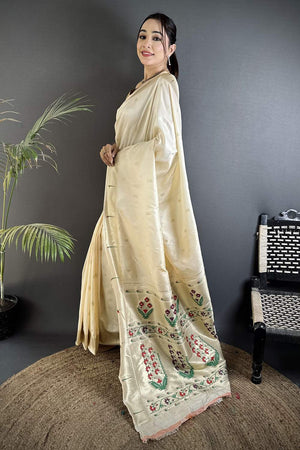 Cream Paithani Floral Woven Silk Saree (ND711)