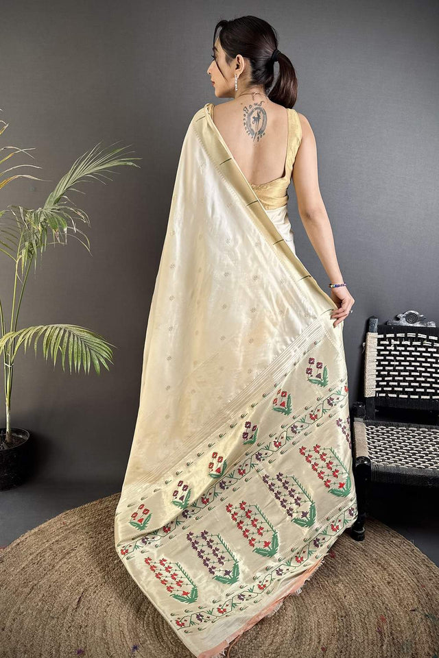 Cream Paithani Floral Woven Silk Saree (ND711)