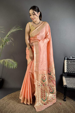 Peach Paithani Floral Woven Silk Saree (ND717)