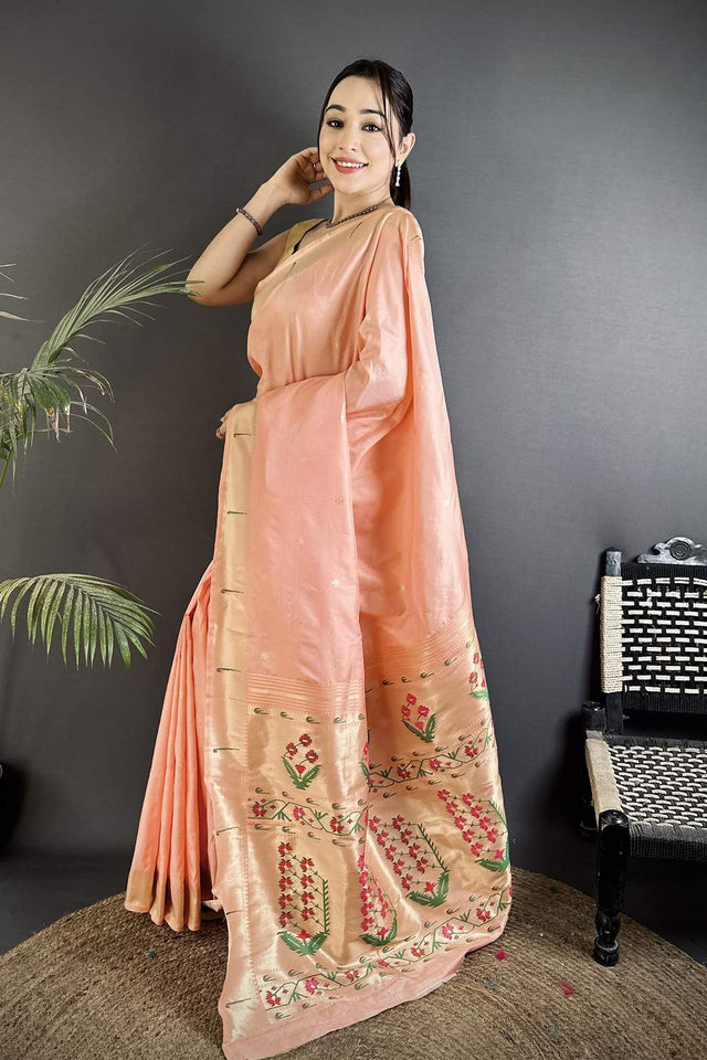 Peach Paithani Floral Woven Silk Saree (ND717)