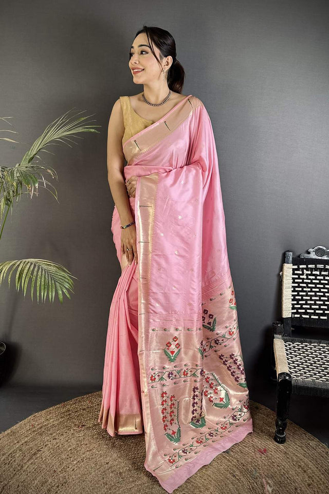 Light Pink Paithani Floral Woven Silk Saree (ND719)