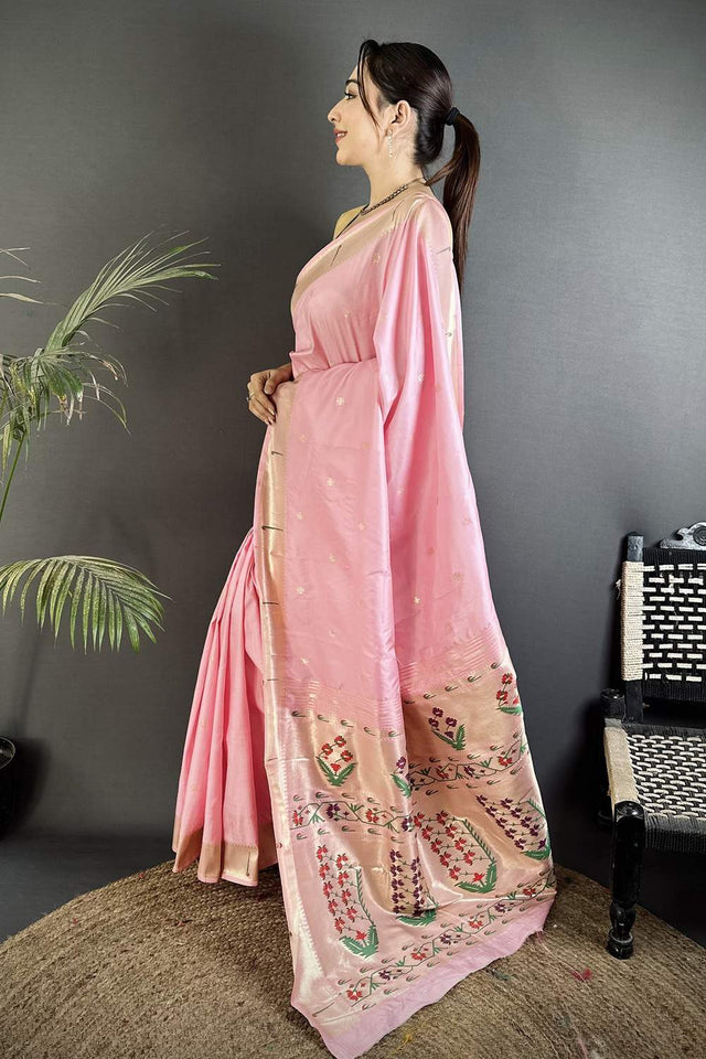 Light Pink Paithani Floral Woven Silk Saree (ND719)