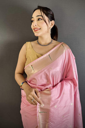 Light Pink Paithani Floral Woven Silk Saree (ND719)