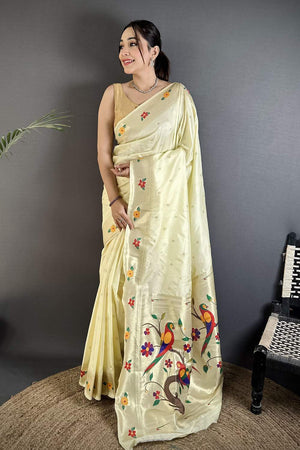 Cream Paithani Woven Silk Saree (ND808)