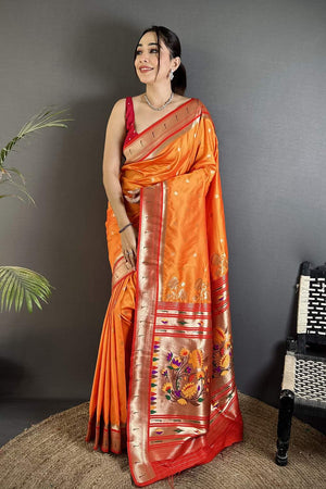Orange Paithani Floral Woven Silk Saree (ND901)