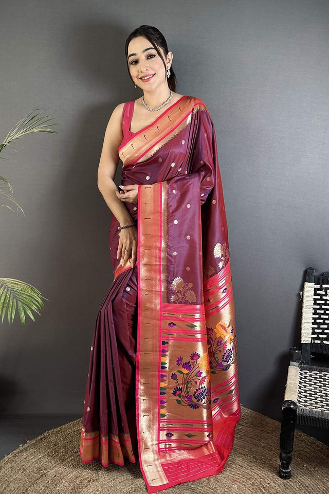 Wine Paithani Floral Woven Silk Saree (ND902)