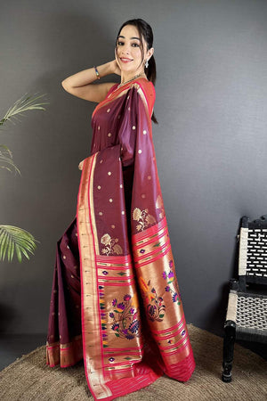 Wine Paithani Floral Woven Silk Saree (ND902)