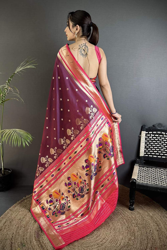 Wine Paithani Floral Woven Silk Saree (ND902)