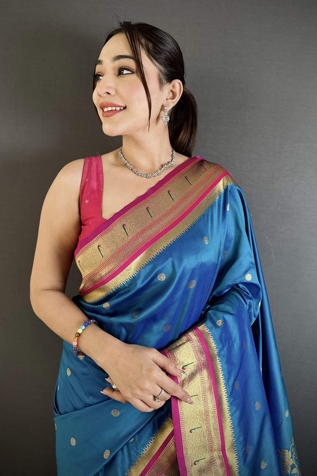 Blue Paithani Floral Woven Silk Saree (ND903)