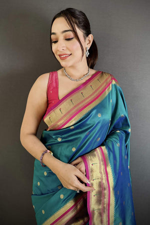 Turquoise Paithani Floral Woven Silk Saree (ND904)