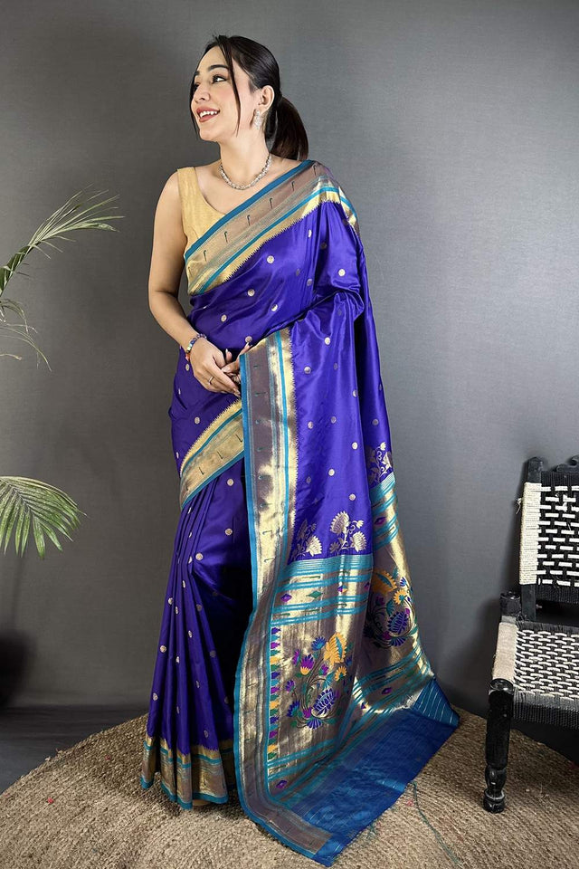 Royal Blue Paithani Floral Woven Silk Saree (ND906)