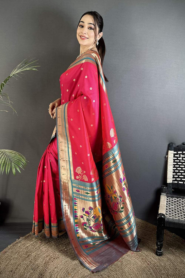 Dark Pink Paithani Floral Woven Silk Saree (ND907)