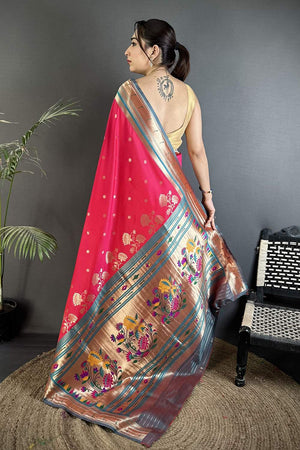 Dark Pink Paithani Floral Woven Silk Saree (ND907)
