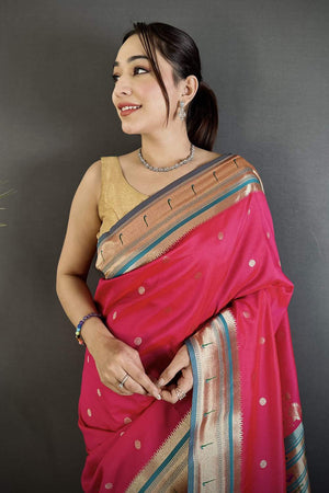Dark Pink Paithani Floral Woven Silk Saree (ND907)