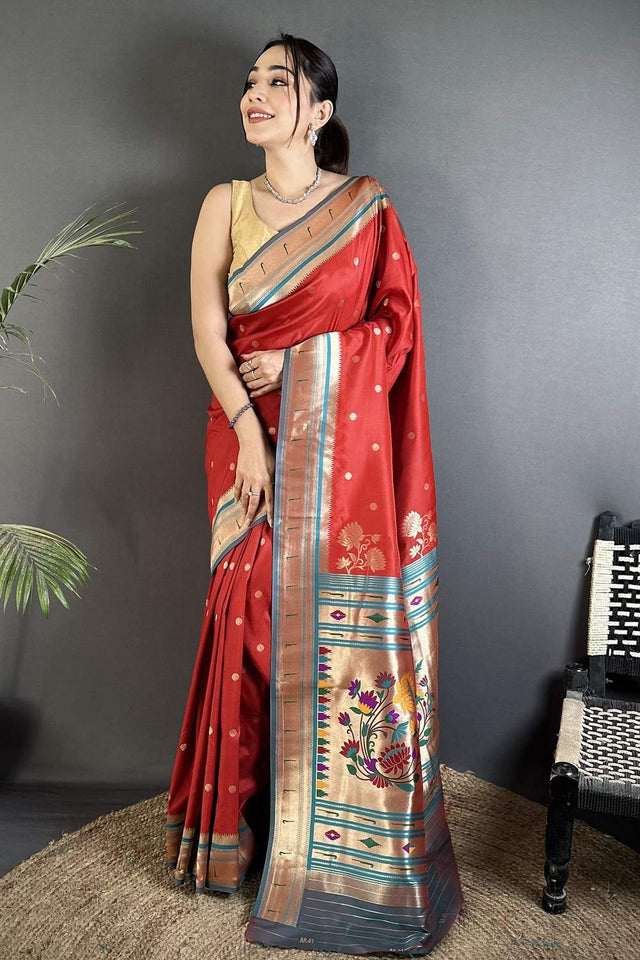 Red Paithani Floral Woven Silk Saree (ND908)